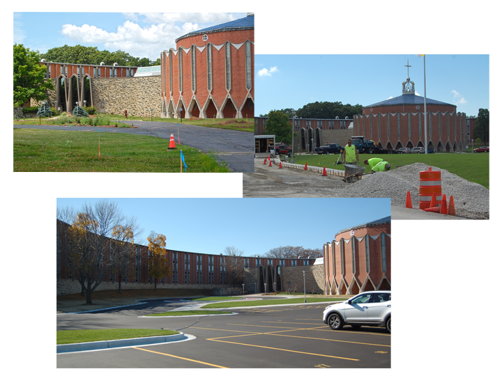 As part of a multi-year renovation program, new driveways, parking areas, lighting and landscaping have brought improved accessibility and visibility to the Monastery’s entryway, while maintain the design aesthetic of the campus grounds. The photo at upper left shows the entryway before work started in 2015.
